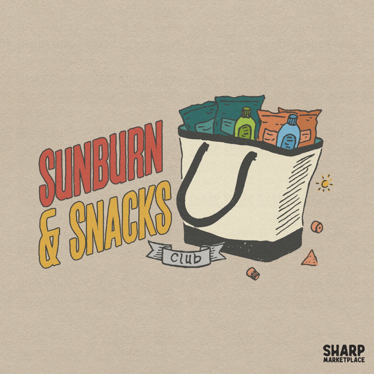Sunburn and Snacks Club funny summer PNG design for sarcastic beach t-shirts and vacation pool day apparel