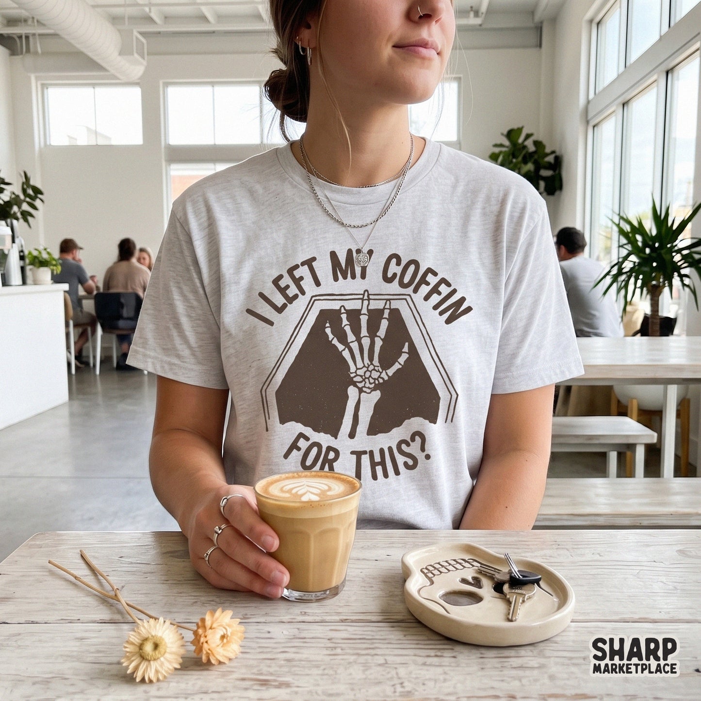 Sarcastic skeleton hand Halloween PNG with I Left My Coffin For This text for spooky sublimation shirts and apparel design
