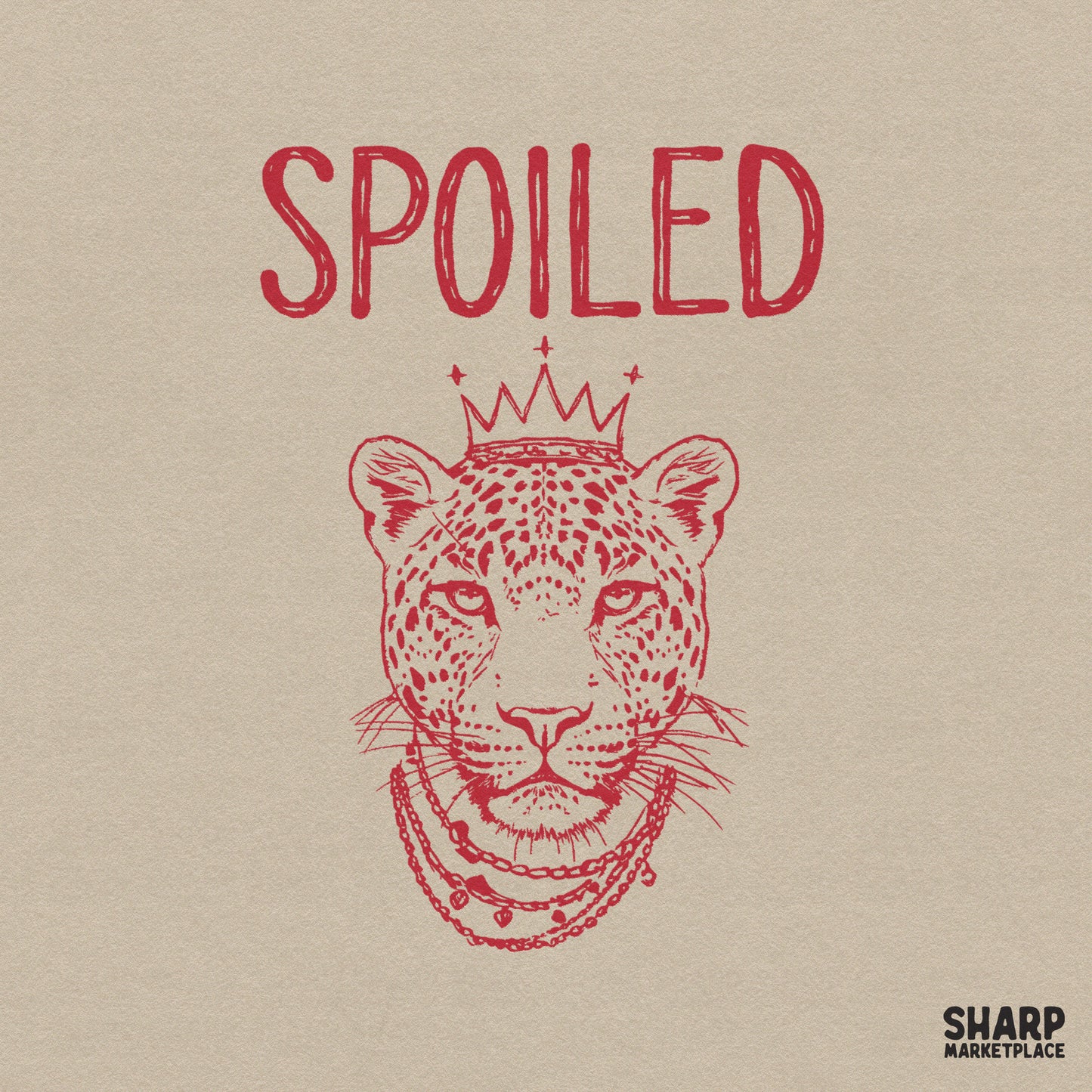 Red monochromatic sketch of a leopard wearing a crown and layered necklaces with the word SPOILED above, perfect for trendy apparel and sublimation.