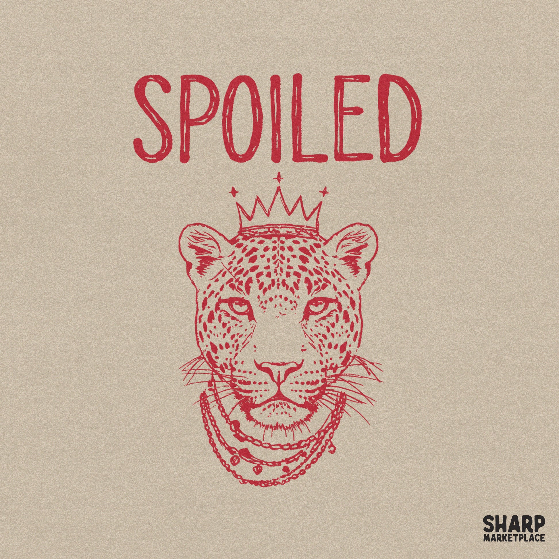 Red monochromatic sketch of a leopard wearing a crown and layered necklaces with the word SPOILED above, perfect for trendy apparel and sublimation.