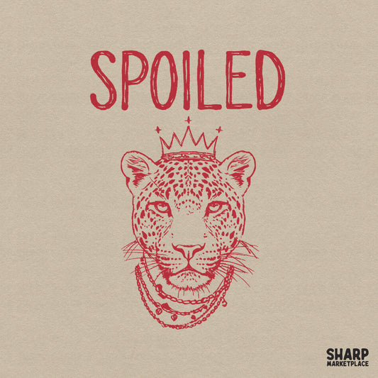 Red monochromatic sketch of a leopard wearing a crown and layered necklaces with the word SPOILED above, perfect for trendy apparel and sublimation.