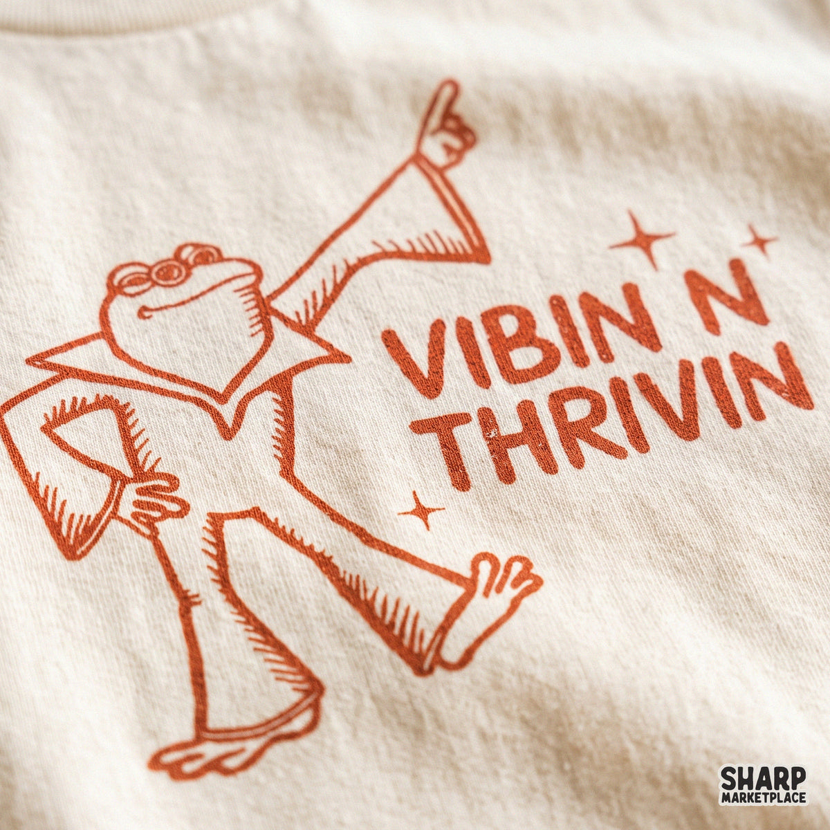 Retro 70s disco frog sublimation design with Vibin N Thrivin quote for trendy t-shirts and apparel