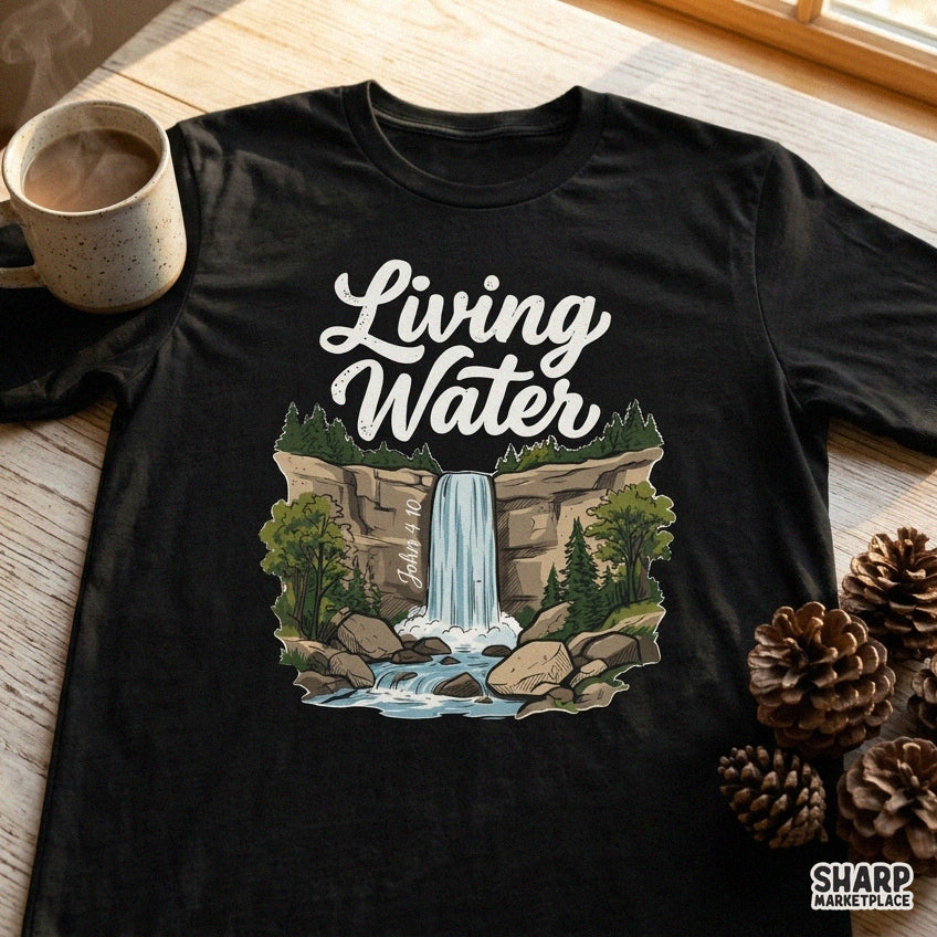 Living Water John 4:10 retro waterfall christian PNG design perfect for faith t-shirts and religious apparel