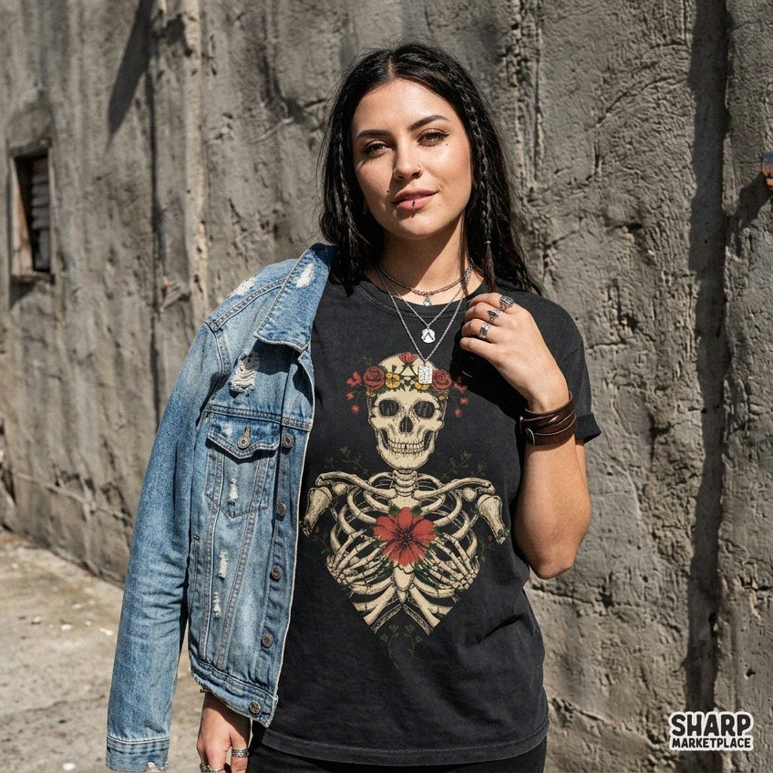 Floral skeleton torso with a flower crown and red bloom PNG for Halloween sublimation prints