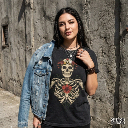 Floral skeleton torso with a flower crown and red bloom PNG for Halloween sublimation prints