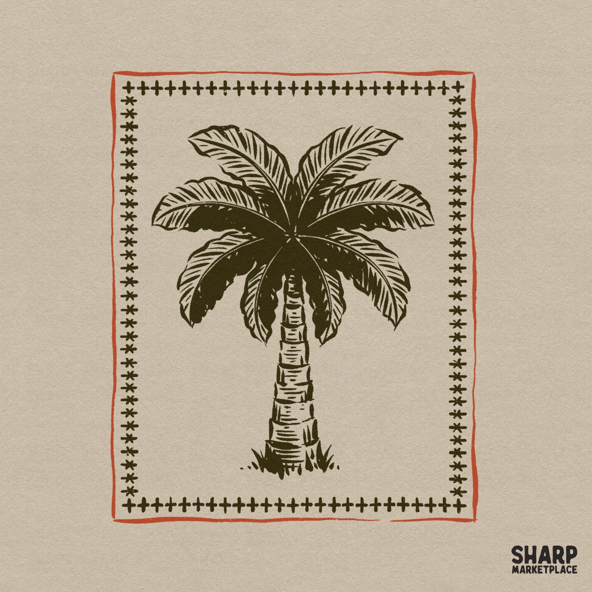 Vintage tropical palm tree in a rustic border retro summer png design for beach vacation t-shirts and stickers