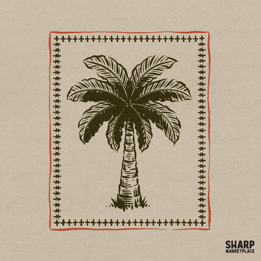 Vintage tropical palm tree in a rustic border retro summer png design for beach vacation t-shirts and stickers