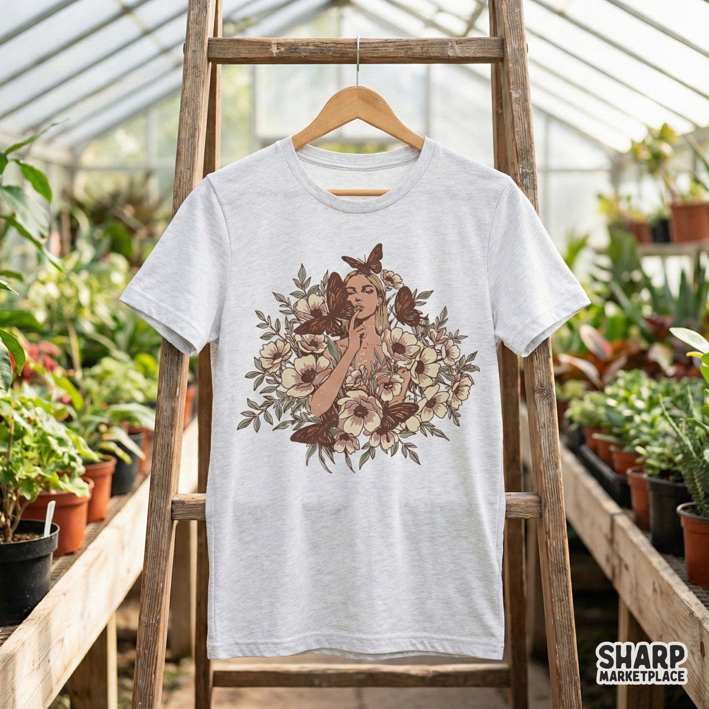 Artistic garden spirit digital design with a woman, butterflies, and flowers, ideal for high-quality sublimation on tumblers and clothing.