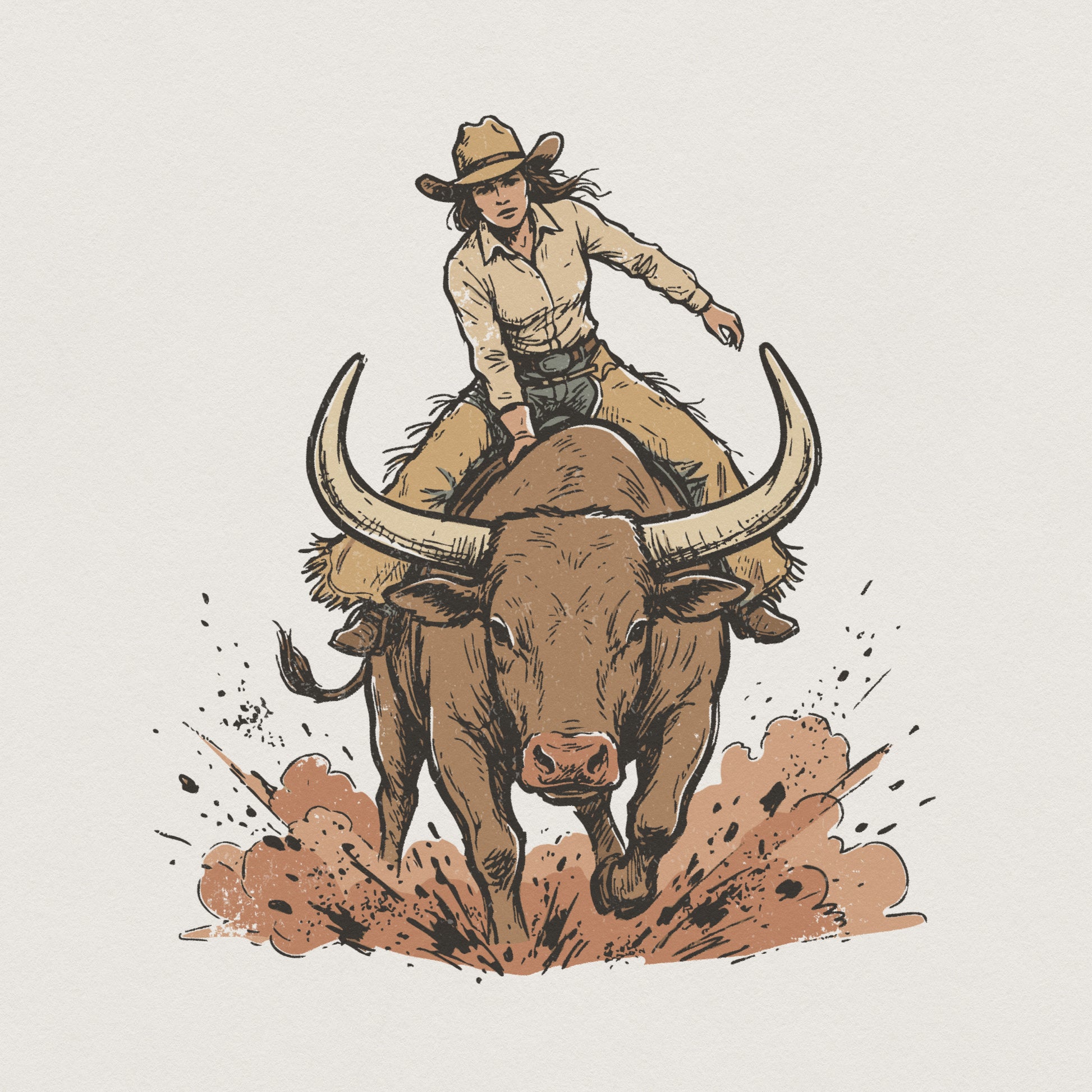 Hand-drawn vintage style illustration of a cowgirl riding a longhorn bull, perfect for western-themed apparel, sublimation, and rustic DIY projects.