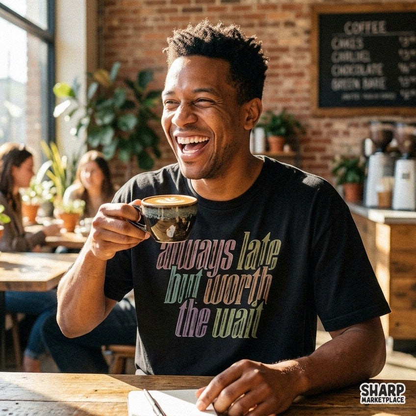 Always Late But Worth The Wait funny sarcastic retro typography quote graphic for trendy t-shirts and sublimation