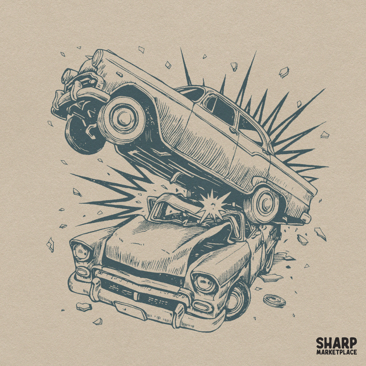 Vintage cars crashing mid air with sparks and flying debris retro PNG graphic for t-shirts