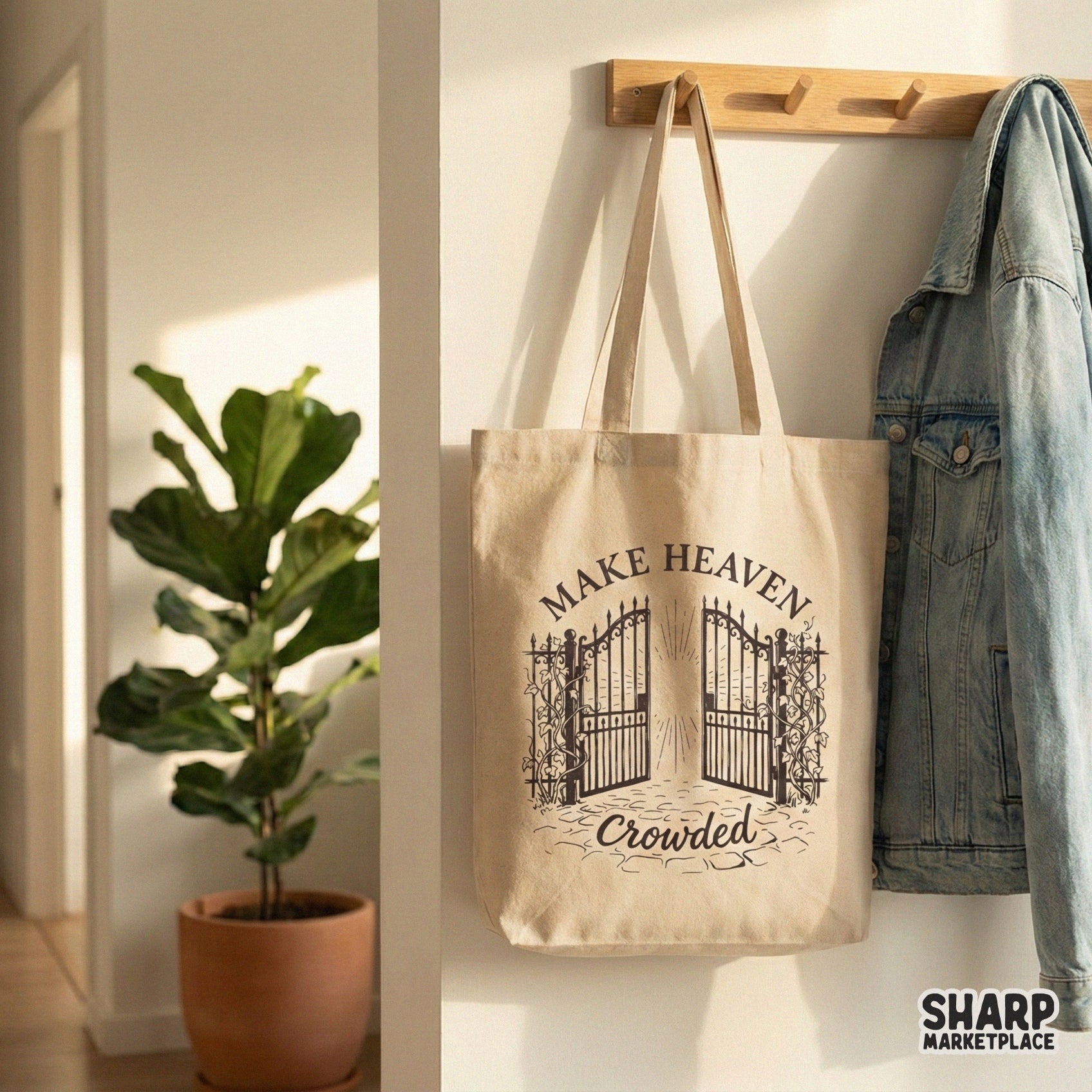Monochromatic faith-based graphic with open gates and climbing ivy, designed for creating custom Christian stickers, wall art, or apparel transfers.