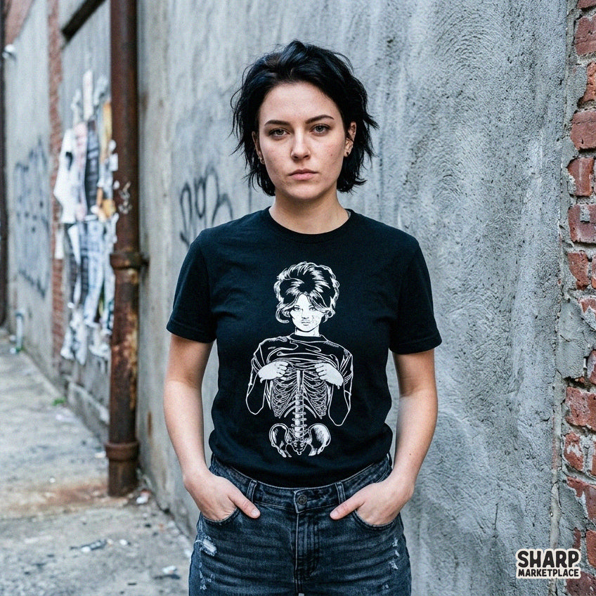 Gothic skeleton girl ripping shirt open showing ribcage anatomy, edgy Halloween PNG design for apparel and t-shirts