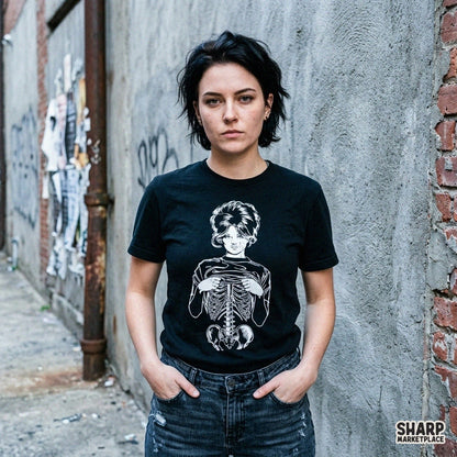 Gothic skeleton girl ripping shirt open showing ribcage anatomy, edgy Halloween PNG design for apparel and t-shirts