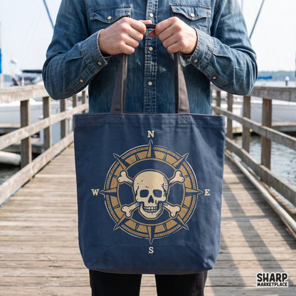 Retro nautical compass rose with skull and crossbones PNG design for pirate shirt sublimation and summer apparel prints