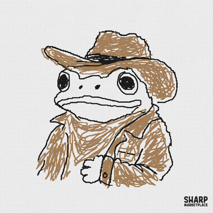 Whimsical hand-drawn frog wearing a brown cowboy hat and rancher outfit with a sheriff star in a sketchy vintage ink style.