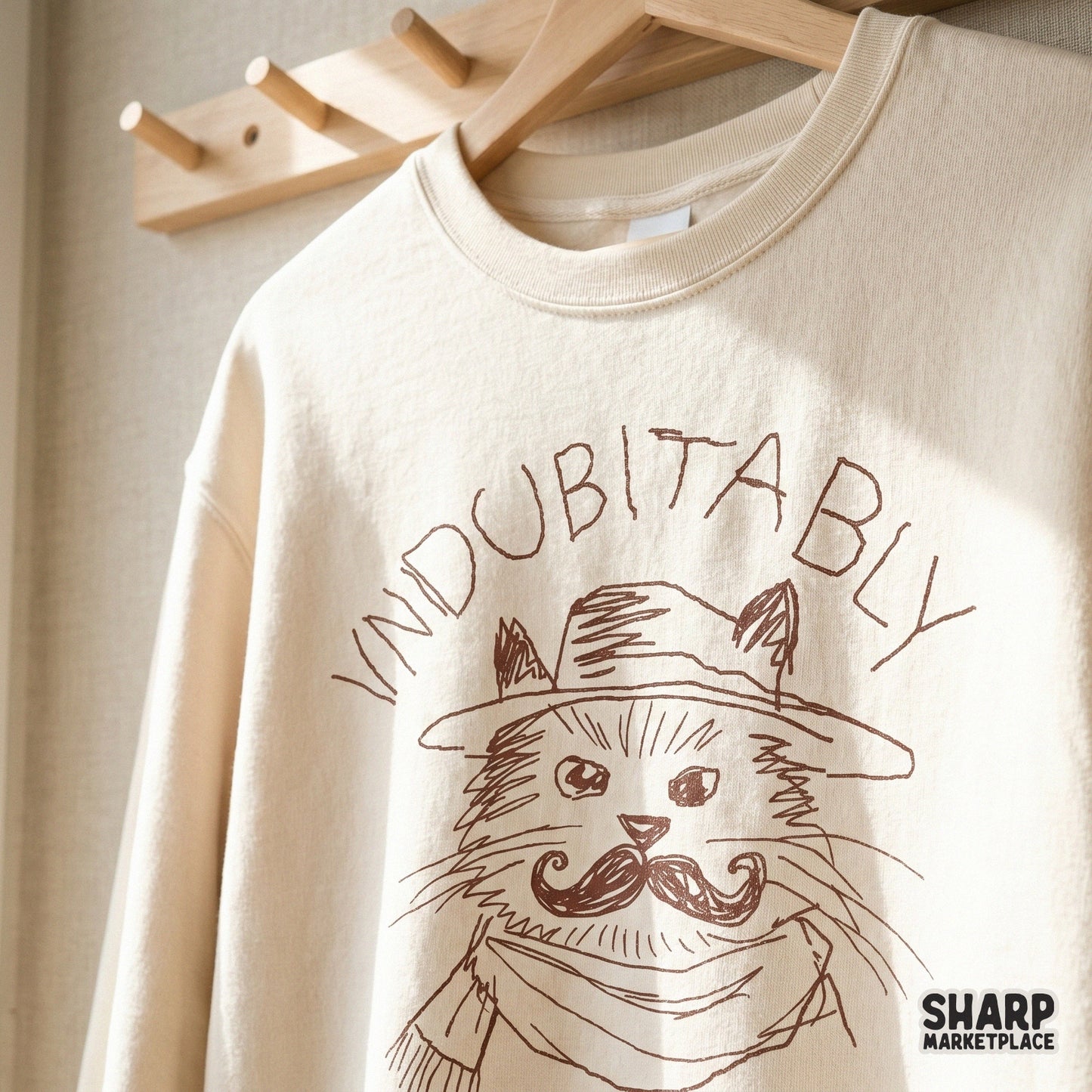 Vintage-inspired brown line art design of a mustache-wearing cat, ideal for print-on-demand shirts, tumblers, and funny animal-themed DIY crafts.
