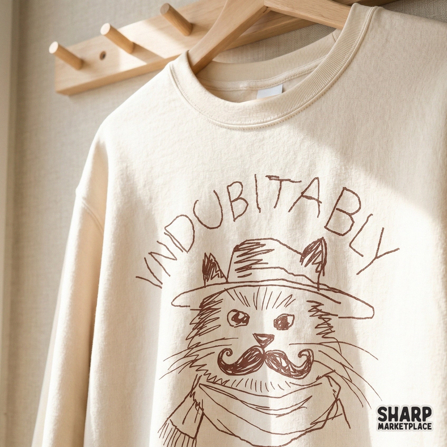 Vintage-inspired brown line art design of a mustache-wearing cat, ideal for print-on-demand shirts, tumblers, and funny animal-themed DIY crafts.