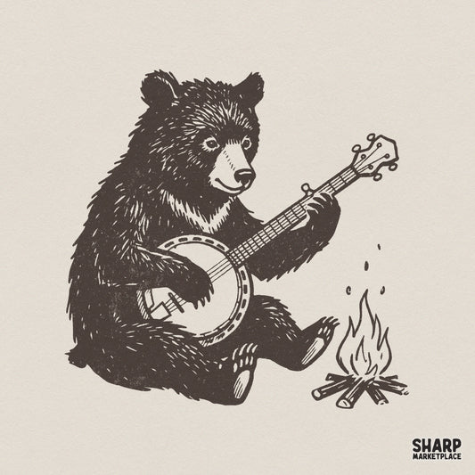 Vintage style illustration of a cute bear sitting by a campfire playing a banjo, rendered in black on a neutral background for digital projects.