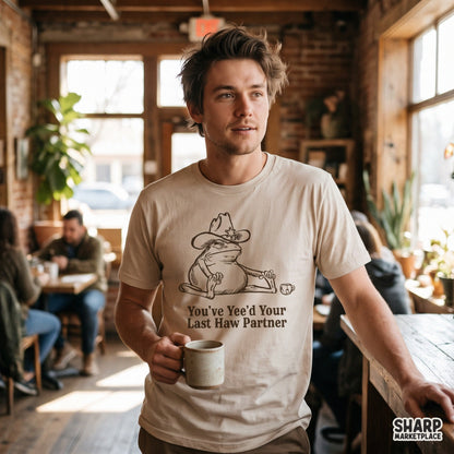 Funny cowboy frog western PNG design for retro t-shirts and sublimation shirts featuring Yee'd Your Last Haw slogan