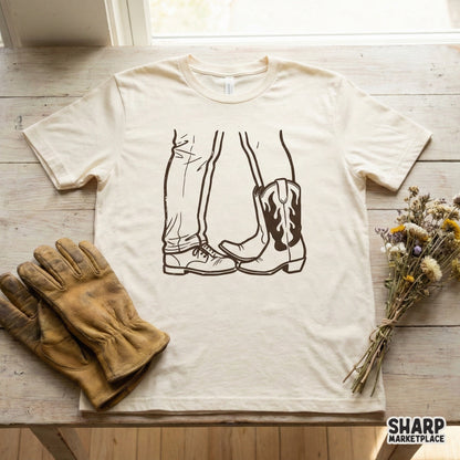 A cream-colored t-shirt featuring a brown line art graphic of a romantic cowboy and cowgirl boot couple, perfect for country apparel and sublimation.