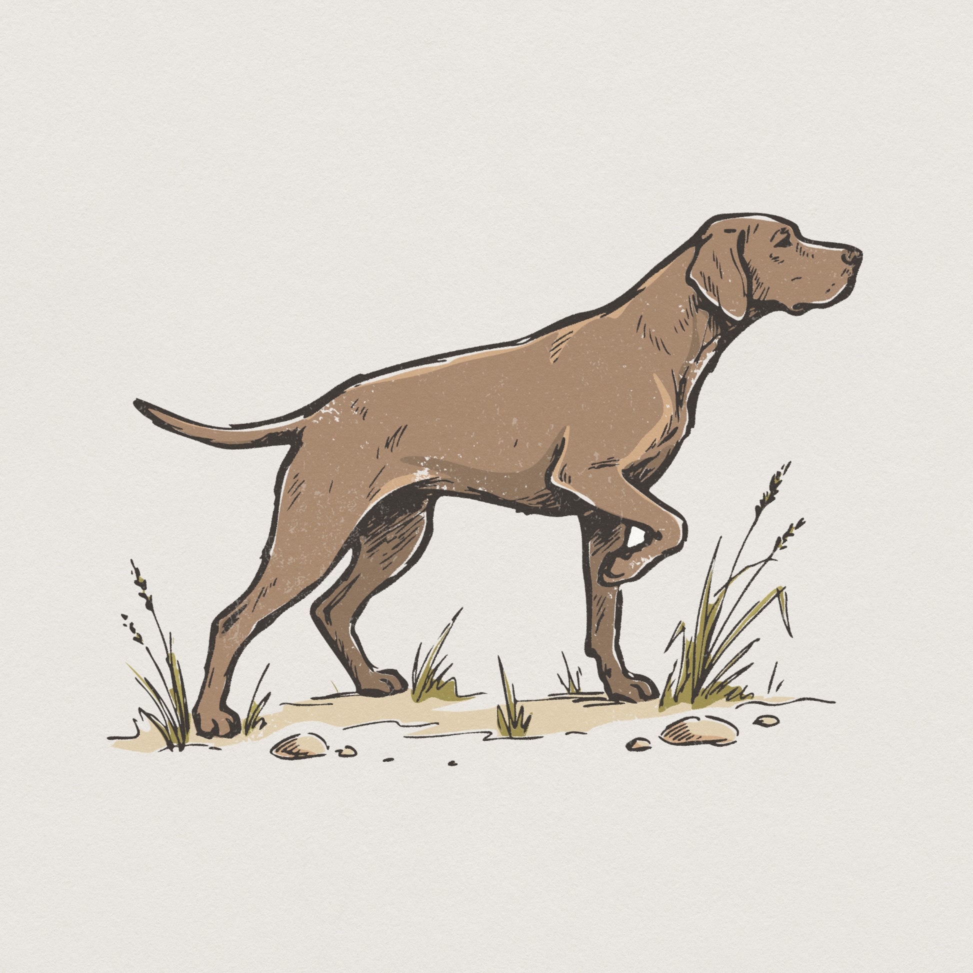Vintage style brown pointer dog illustration in a focused hunting stance, perfect for sublimation, t-shirts, and rustic nature-themed wall art.