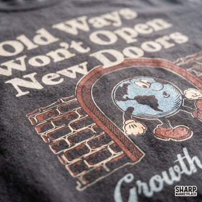 Retro cartoon walking earth mascot with Old Ways Won't Open New Doors mindset quote for shirt sublimation PNG