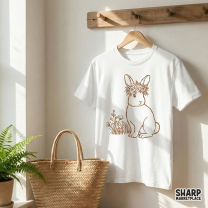 Digital boho bunny graphic with a flower crown and spring flora, rendered in a vintage sepia style for custom t-shirts, stickers, and nursery decor.