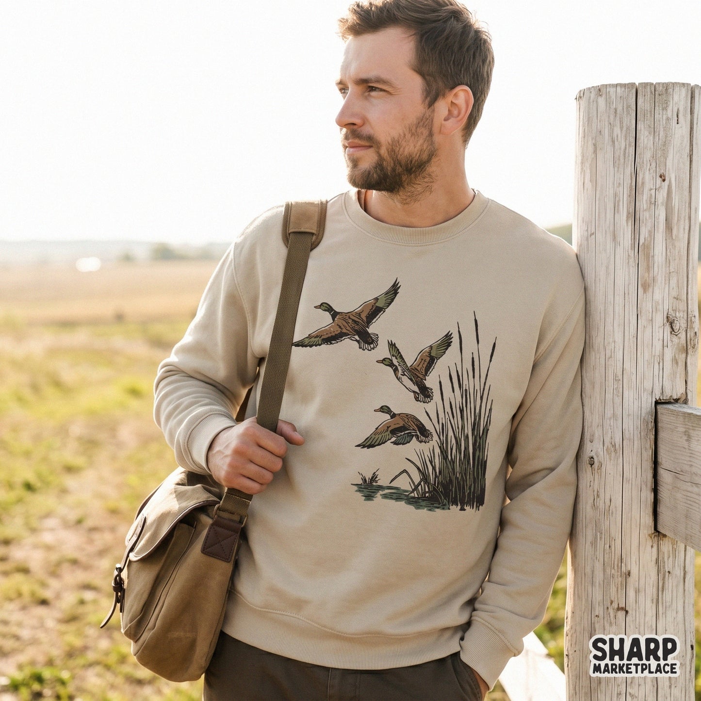 Detailed waterfowl hunting design featuring mallards flying over marsh reeds, perfect for DTF printing, stickers, or rustic home decor projects.
