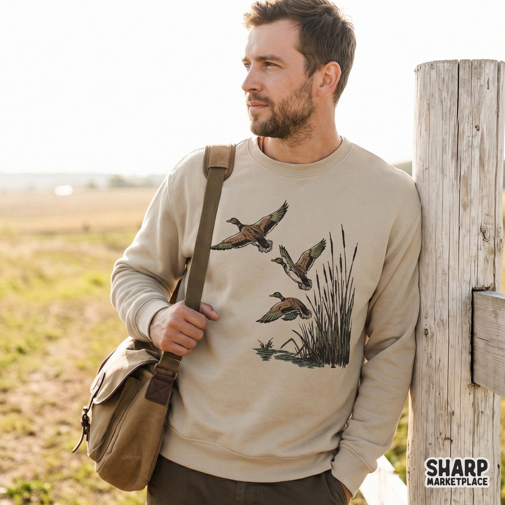 Detailed waterfowl hunting design featuring mallards flying over marsh reeds, perfect for DTF printing, stickers, or rustic home decor projects.