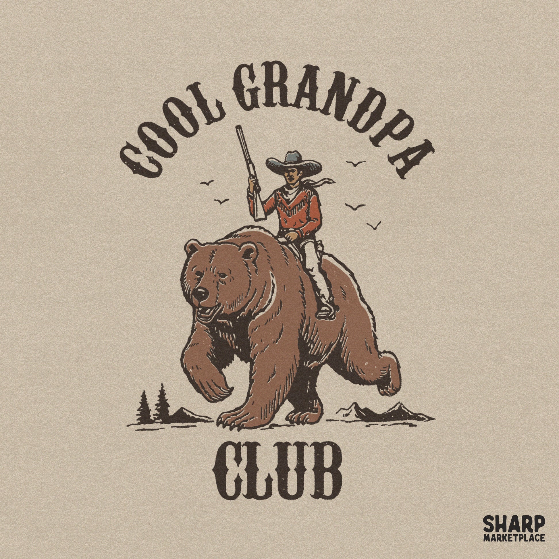 Retro cowboy riding a grizzly bear with Cool Grandpa Club text, western style Father's Day PNG for shirts and gifts