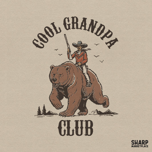 Retro cowboy riding a grizzly bear with Cool Grandpa Club text, western style Father's Day PNG for shirts and gifts
