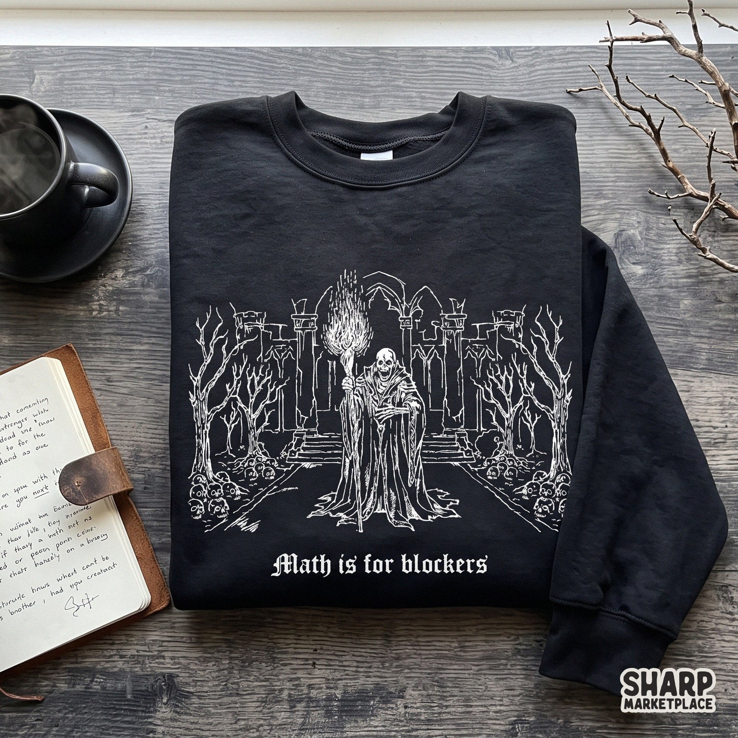 Skeleton wizard holding a d20 die with Math Is For Blockers text for funny Halloween RPG teacher shirts and decals