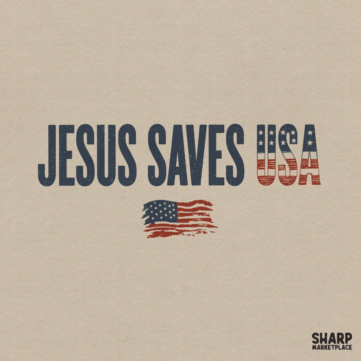 Distressed typography design reading Jesus Saves with USA filled in American flag stars and stripes and a waving flag graphic below on a beige background.