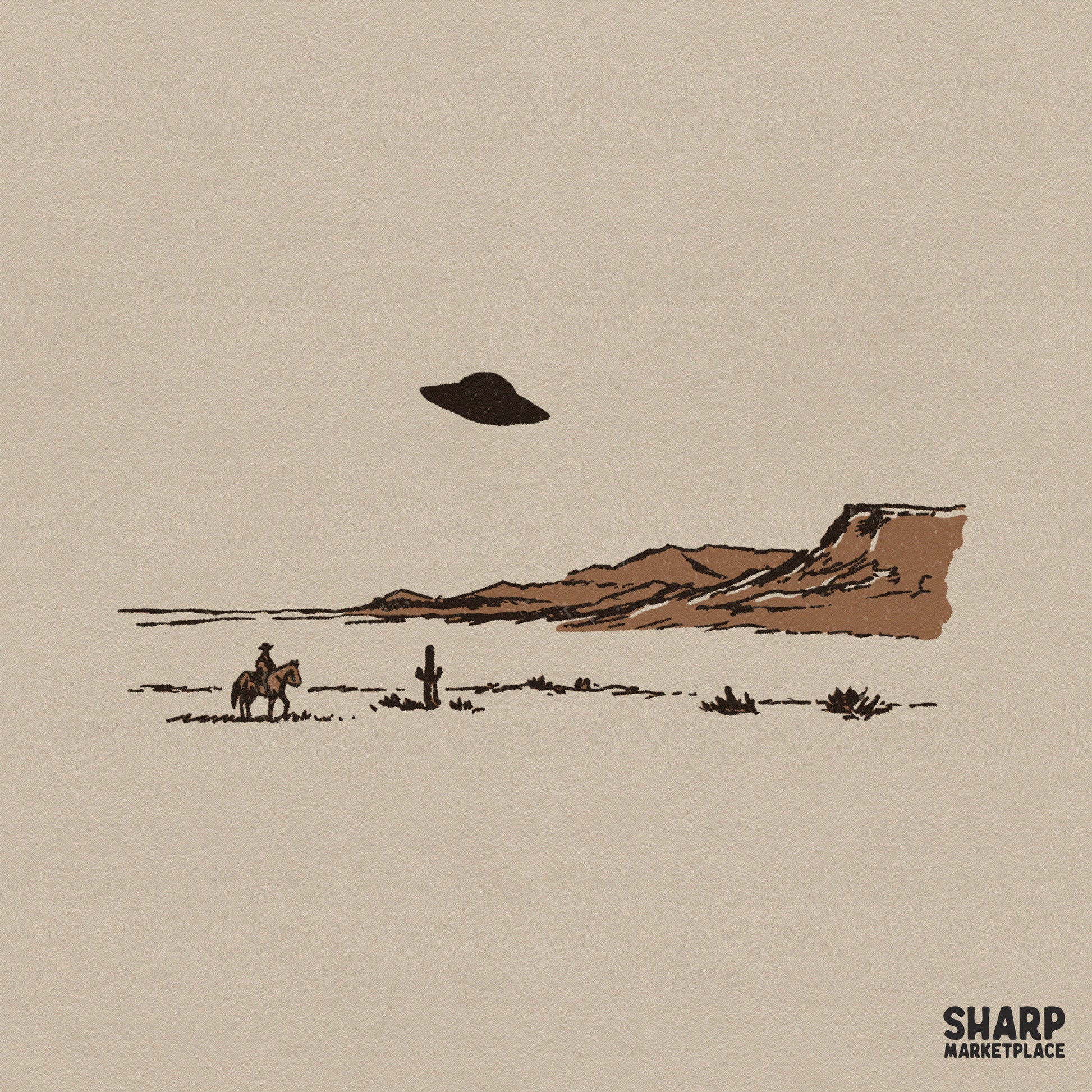 Minimalist western sketch featuring a lone cowboy on horseback and a saguaro cactus under a hovering UFO, rendered in muted earth tones for apparel.