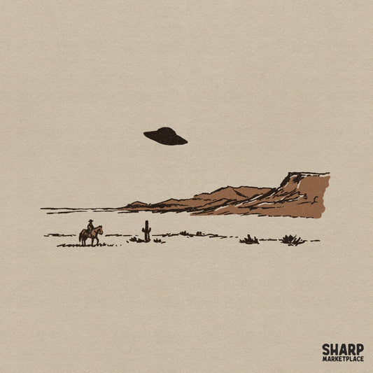 Minimalist western sketch featuring a lone cowboy on horseback and a saguaro cactus under a hovering UFO, rendered in muted earth tones for apparel.