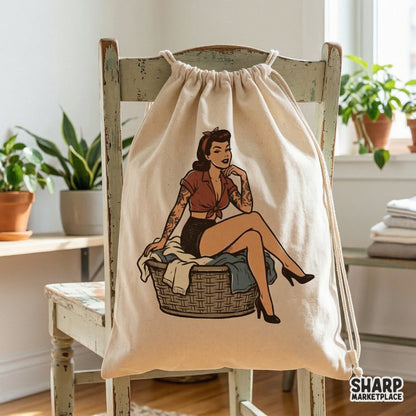Detailed hand-drawn pin up girl PNG with sleeve tattoos and classic mid-century style, ideal for print-on-demand shirt designs and retro-themed wall art.