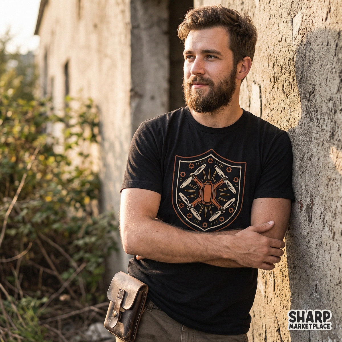 Vintage drone shield emblem with quadcopter and mechanical gears retro sublimation PNG graphic for shirt print