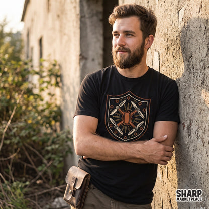Vintage drone shield emblem with quadcopter and mechanical gears retro sublimation PNG graphic for shirt print