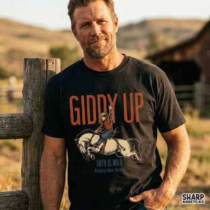 Retro western cowboy PNG featuring Giddy Up Faith Is Wild phrase for country music t-shirts and sublimation
