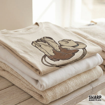 Detailed western rodeo graphic with a lasso loop, cowboy boots, and hat, designed for high-quality sublimation on tumblers, apparel, and DIY projects.