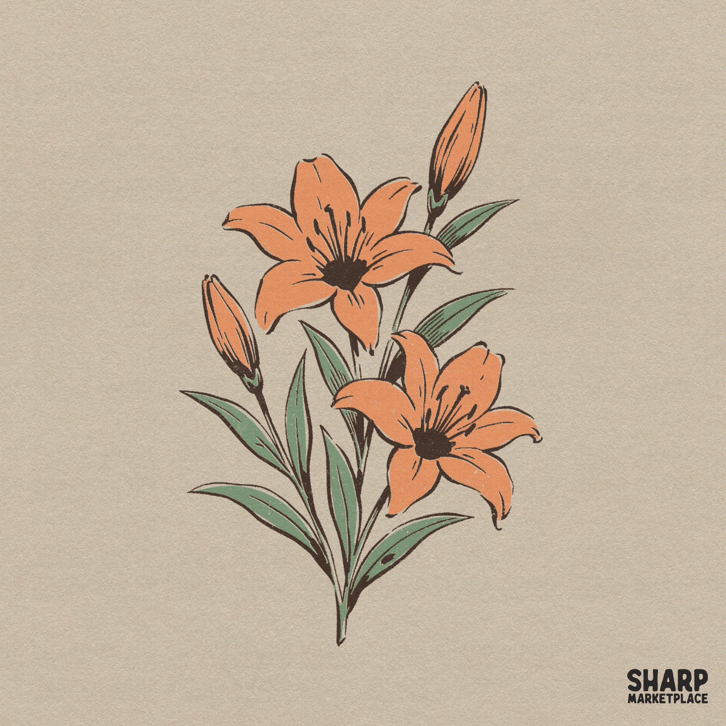 Vintage orange lilies botanical floral illustration for retro summer sublimation shirt designs