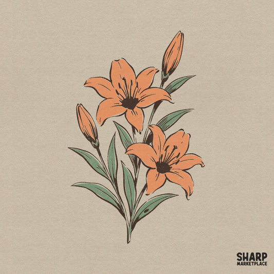 Vintage orange lilies botanical floral illustration for retro summer sublimation shirt designs