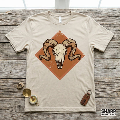 A rustic ram skull graphic featuring a vintage desert diamond background, showcased as a digital design file for custom t-shirt printing and DIY projects.