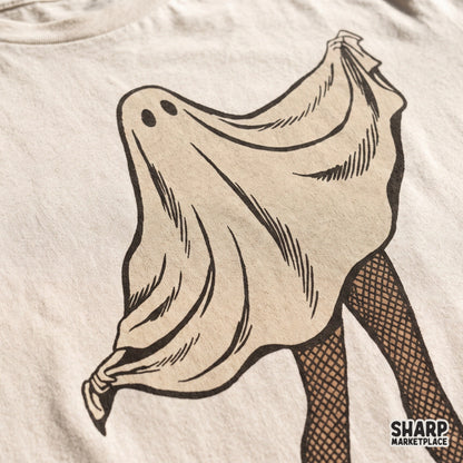 Cheeky sheet ghost in fishnet stockings and spooky heels halloween png design for custom t-shirts and apparel