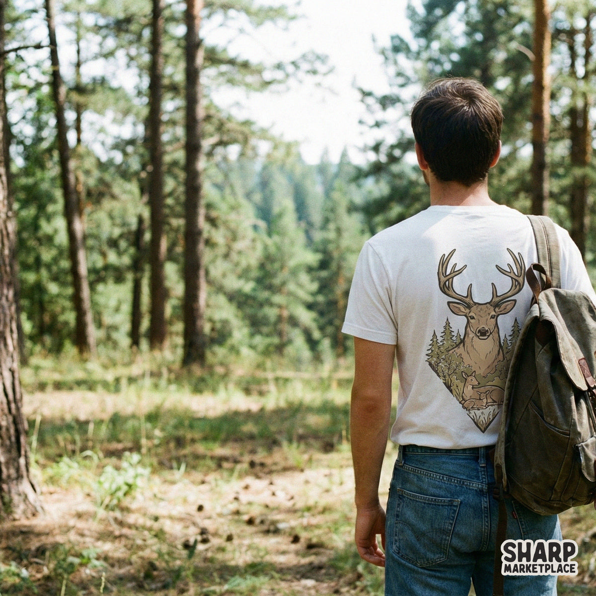 Earthy-toned forest animal illustration featuring a buck, doe, and fawn, ideal for high-quality printable wall art, heat transfers, or custom gift shirts.