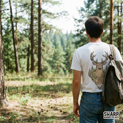Earthy-toned forest animal illustration featuring a buck, doe, and fawn, ideal for high-quality printable wall art, heat transfers, or custom gift shirts.