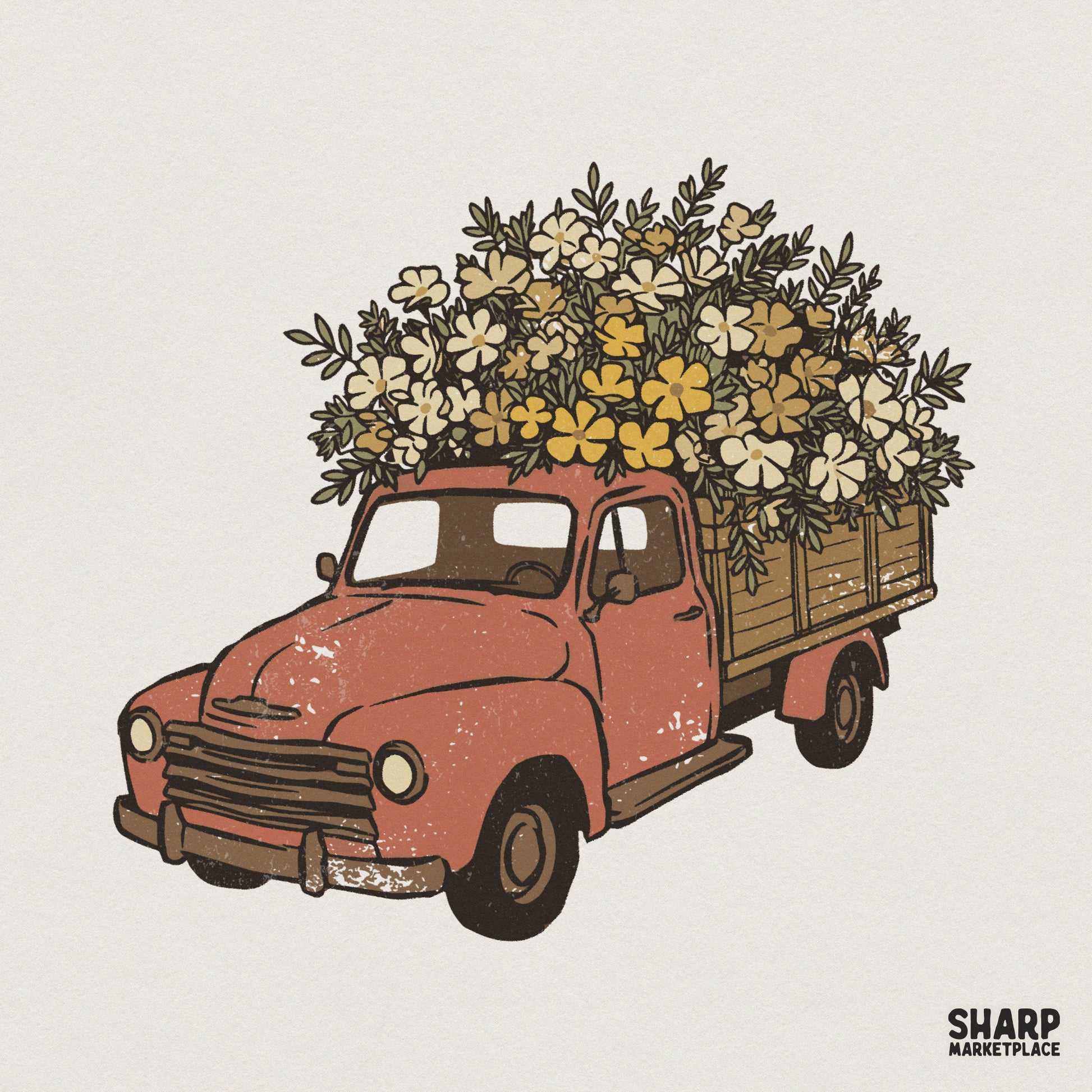 Vintage red pickup truck illustration with a bed full of yellow and cream spring flowers, featuring a rustic distressed texture for farmhouse decor.