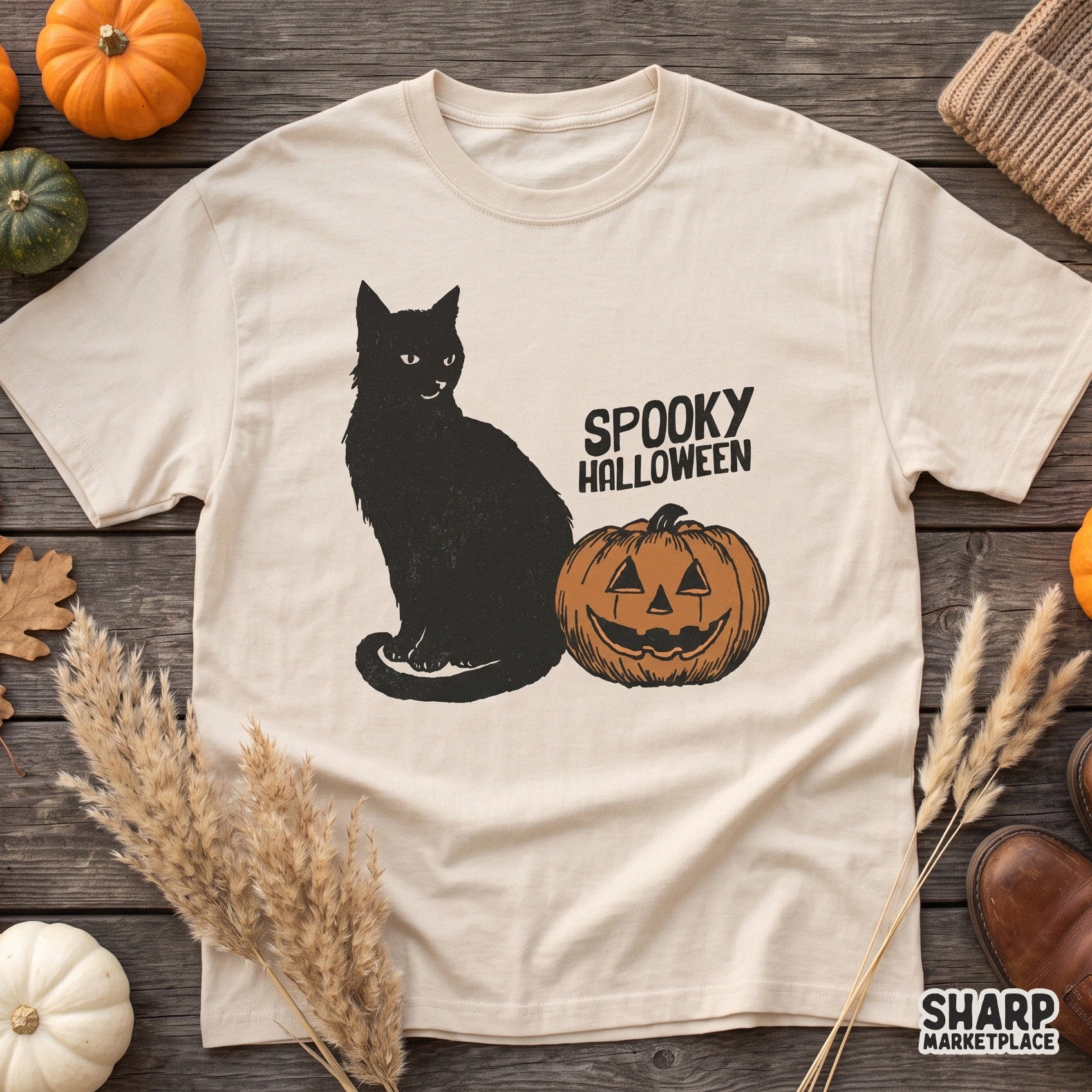 Retro spooky Halloween PNG design featuring a black cat and jack o lantern for autumn sublimation shirts