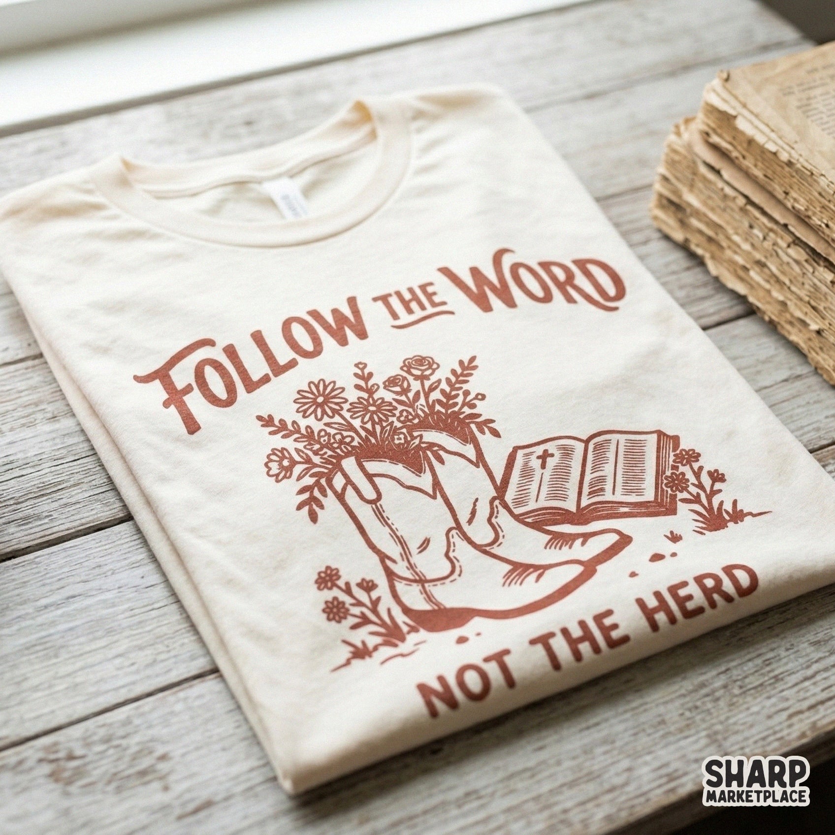 Faith based digital graphic with floral cowboy boots and an open Bible, perfect for creating custom t-shirts, stickers, or rustic home decor items.